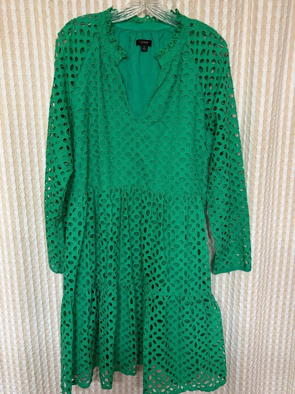 J. Crew Emerald Green Eyelet Long-Sleeve Tiered Dress
